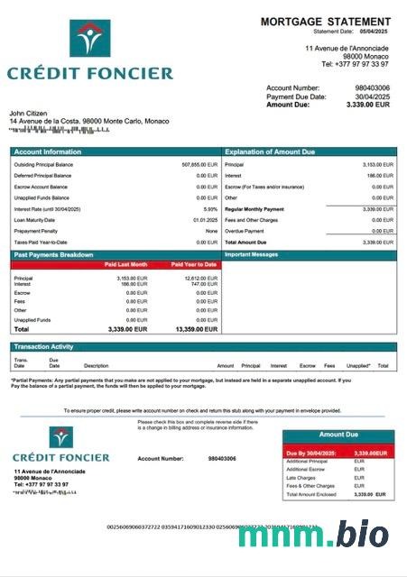 Monako Credit Foncier de Monaco wyciąg z kredytu hipotecznego szablon Word i PDF